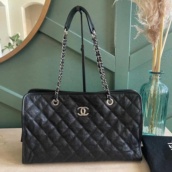 CHANEL Handbags - Chanel French Riviera Tote Quilted Caviar Large Black Silver HW